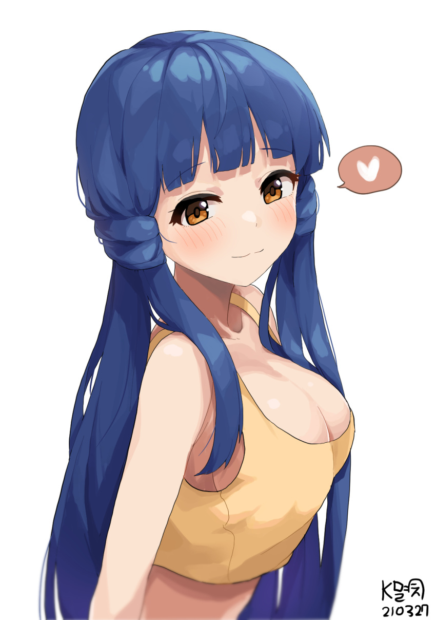 bare_arms bare_shoulders blue_hair breasts cleavage crop_top female heart highres idolmaster idolmaster_million_live! idolmaster_million_live!_theater_days kitakami_reika large_breasts long_hair looking_at_viewer midriff myeolchi orange_eyes shirt simple_background sleeveless sleeveless_shirt smile solo spoken_heart tank_top upper_body white_background yellow_shirt