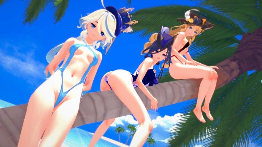 anime beach bikini blonde_hair blue_hair brown_hair clorinde_(genshin_impact) cute fantasyking3 furina_(genshin_impact) games genshin_impact mihoyo mobile navia_(genshin_impact) video_games white_hair