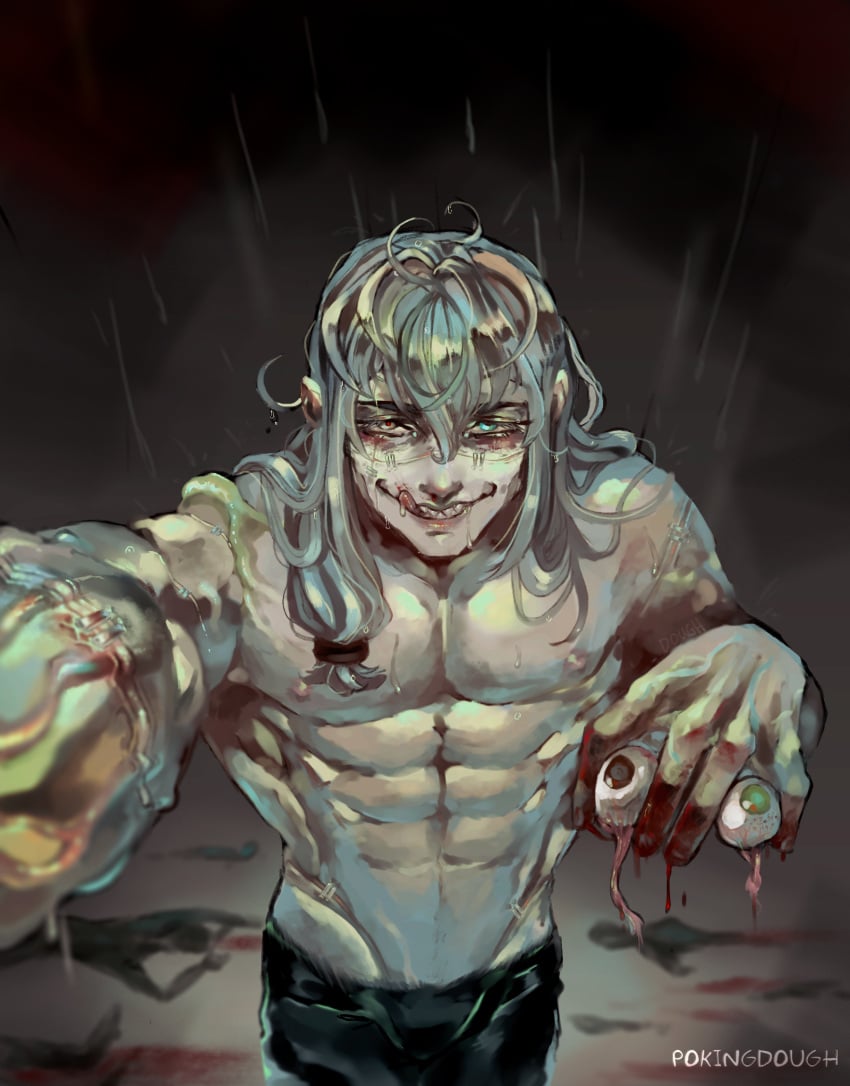 abs blood blood_on_hand blue_hair eyeballs heterochromia jujutsu_kaisen mahito_(jujutsu_kaisen) male male_only muscular muscular_male pokingdough raining smiling smiling_at_viewer stiches tagme