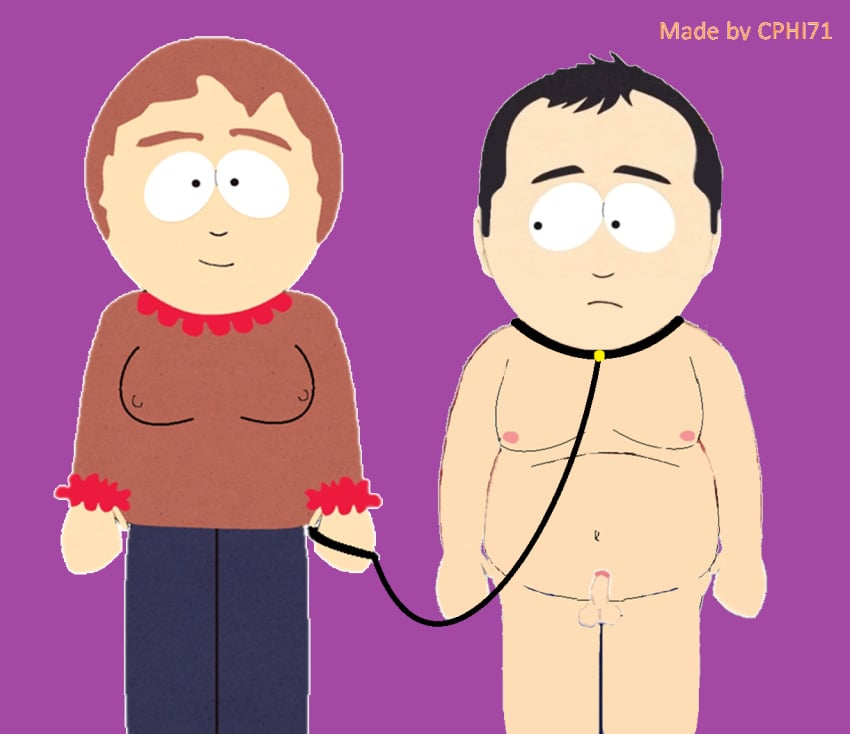 1boy aged_up belly black_hair brown_hair chubby chubby_male collar completely_nude cphi71 embarrassed_nude_male erection female humiliation large_breasts leash man_boobs moobs mother_and_son navel nipples nude nude_male_clothed_female penis sharon_marsh slave small_penis south_park stan_marsh testicles