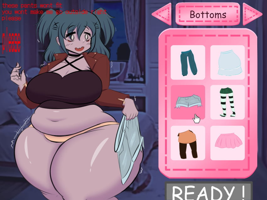 1girls artistic_lamp bbw big_belly big_breasts blue_hair english_text lacey’s_wardrobe lacey_(lacey_games) lacey_games text thick_thighs