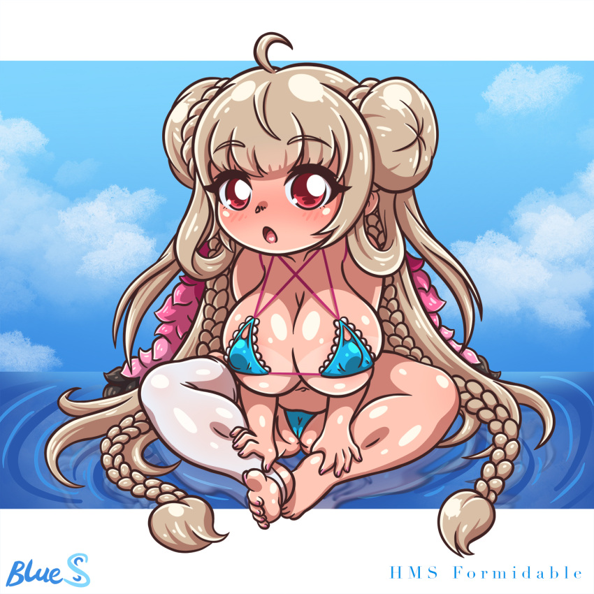 1girls :o areola_slip areolae azur_lane barefoot beach big_breasts big_bun bikini bluesupersonic blush braid braided_bun cameltoe chibi cute double_bun formidable_(azur_lane) formidable_(the_lady_of_the_beach)_(azur_lane) huge_breasts large_breasts light-skinned_female light_skin long_hair micro_bikini nipple_bulge open_mouth platinum_blonde_hair red_eyes royal_navy_(azur_lane) sitting tan_lines tan_skin thick_thighs toeless_legwear water