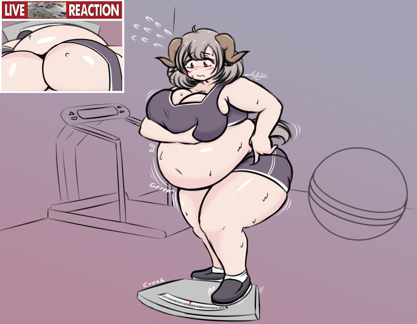 artistic_lamp big_belly big_breasts embarrassed live_slug_reaction meme oc pov scale text thick_thighs weight_conscious