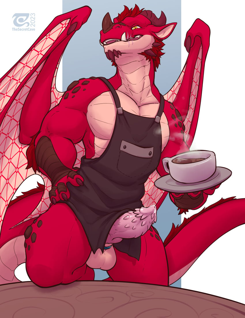 1boy absurd_res accessory animal_penis anthro apron apron_only artist_logo artist_name ball_stretcher balls ballsack barbed_penis barista beverage big_penis bottomless bottomless_male claws clothed clothing coffee coffee_cup container cup dragon entropy_(billeur) erection genitals hi_res holding_object horns jewelry kneeling_on_table knot looking_at_viewer male male_only membrane_(anatomy) membranous_wings open_mouth penile_spines penis penis_accessory penis_out pink_penis red_hair red_scales red_skin scales scalie scrotum simple_background smile solo tail testicles thesecretcave topwear western_dragon wings yellow_eyes