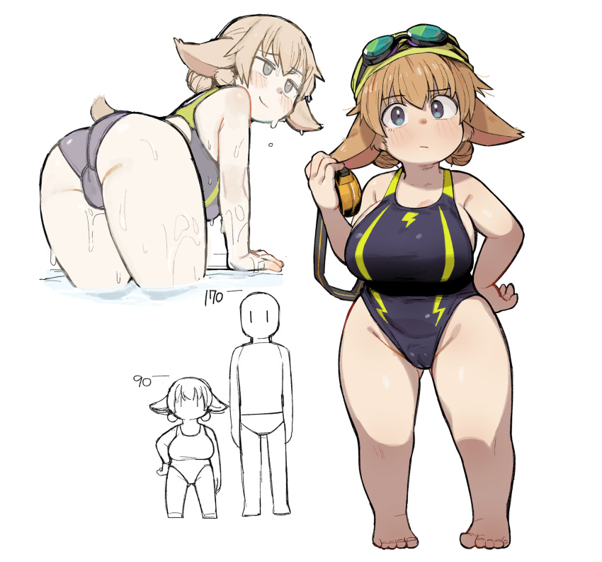 animal_ears ass blush cameltoe double_bun female geso_smith one-piece_swimsuit shortstack swimsuit white_background