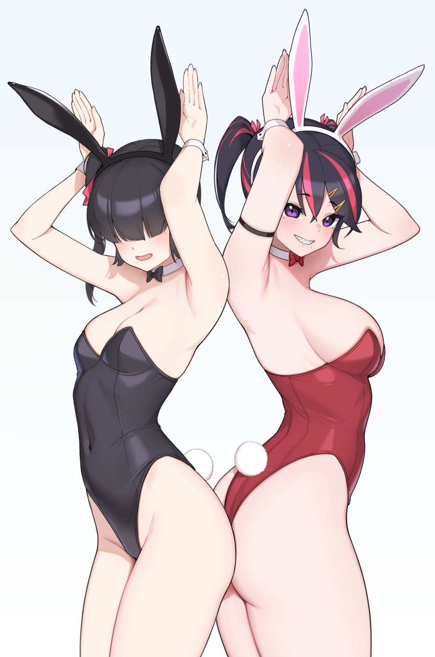 2girls ariduka_anto ariduka_formica armpits arms_up ass bangs_over_eyes blunt_bangs blush bowtie bunny_ears bunny_tail bunnysuit covered_navel detached_collar fake_animal_ears female female_only hair_over_eyes hi_res highleg highleg_leotard houkago_shounen large_breasts leotard mole mole_under_mouth multiple_girls sharp_teeth sideboob small_breasts twintails two_tone_hair virtual_ant_channel virtual_youtuber wrist_cuffs