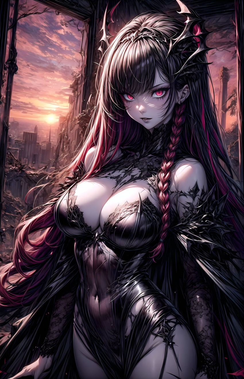 1girls ai_generated bare_shoulders black_clothing black_hair braid breasts cleavage clothed clothed_female clothing female female female_only horns kuroneko_ai long_hair looking_at_viewer mostly_clothed multicolored_hair post-apocalyptic post_apocalyptic red_eyes red_hair smile solo solo_female sunset thighs two-tone_hair