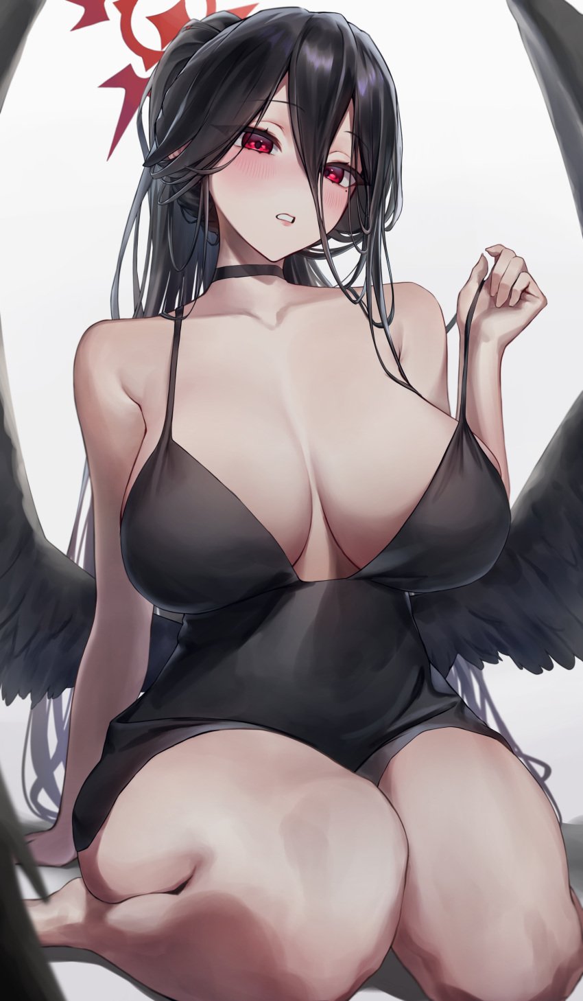 1girls absurdres bare_legs bare_shoulders barefoot black_choker black_dress black_hair black_wings blue_archive breasts choker cleavage commentary_request dress hand_up hasumi_(blue_archive) head_tilt highres justice_task_force_(blue_archive) large_breasts long_hair looking_at_viewer monegi parted_lips red_eyes seiza sitting sleeveless sleeveless_dress solo spaghetti_strap thighs trinity_general_school_student wings