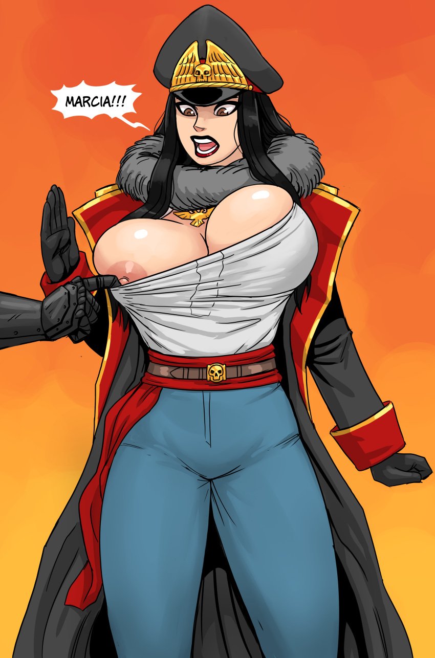 2girls adepta_sororitas astra_militarum big_breasts black_gloves breast_slip breasts brown_eyes canoness_marcia cleavage commissar commissar_soboleva dark_hair dialogue english_text exposed_nipple female female_only flick flick-the-thief forced_exposure huge_breasts imperial_guard imperium_of_man large_breasts long_hair military_uniform nipple_slip no_bra open_mouth overcoat shirt_pull sister_of_battle speech_bubble surprise text thick_thighs tight_clothing warhammer_(franchise) warhammer_40k yelling yuri