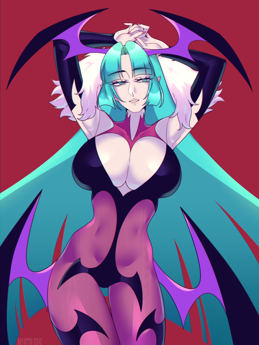 1girls absurd_res arms_over_head big_breasts capcom clothing darkstalkers female female_only gauntlets green_eyes green_hair head_wings large_breasts long_hair looking_at_viewer morrigan_aensland myutoeve narrowed_eyes pantyhose purple_pantyhose red_background smiling smiling_at_viewer solo succubus succubus_wings wings