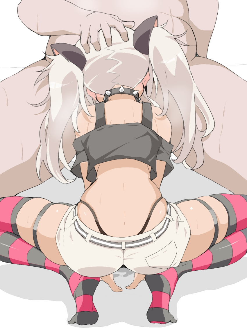 1boy black_collar black_thighhighs clothed_female_nude_male collar commentary_request commission crop_top fat_man fellatio female from_behind grey_hair hand_on_another's_head highres implied_fellatio long_hair matsukai_mao matsukai_mao_(1st_costume) nijisanji nude ohako older_male older_man_and_teenage_girl oral pixiv_commission red_thighhighs shorts spiked_collar spikes squatting straight striped striped_hair striped_thighhighs thighhighs twintails two-tone_thighhighs ugly_bastard ugly_man virtual_youtuber white_shorts