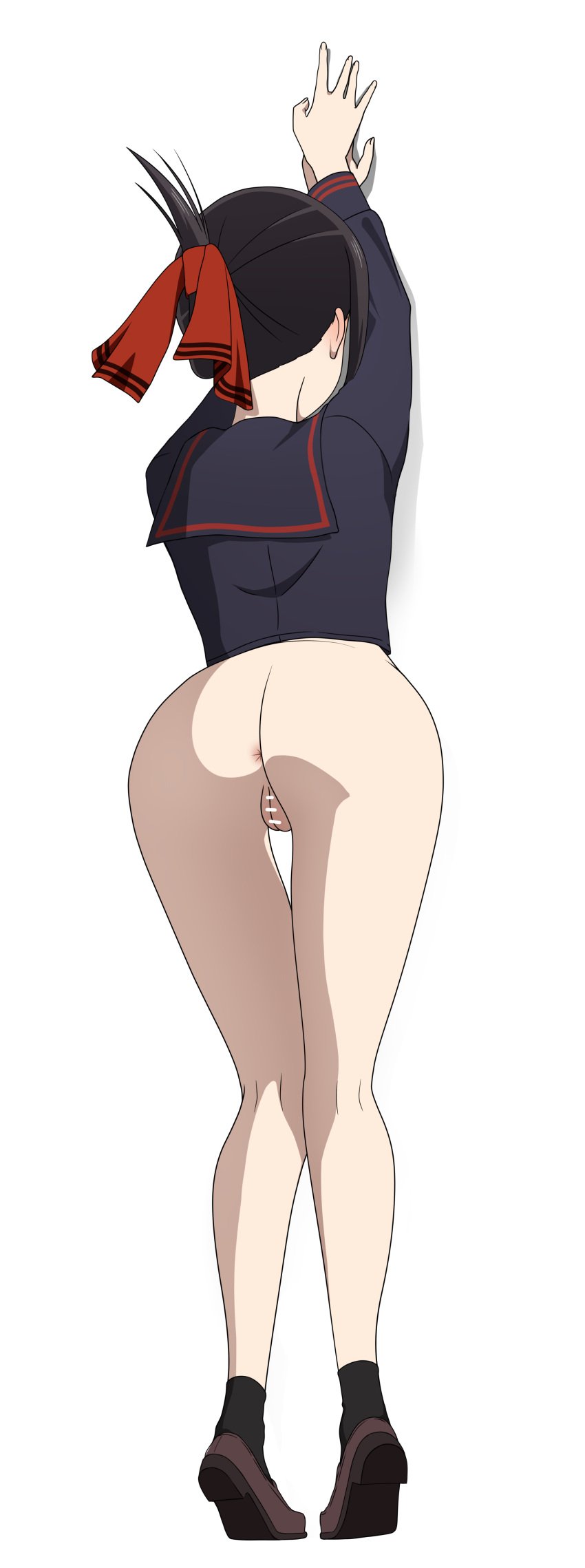 absurdres against_wall anus arms_up ass black_hair black_shirt black_socks bottomless coro_fae facing_away female folded_ponytail from_behind full_body highres invisible_wall kaguya-sama_wa_kokurasetai_~tensai-tachi_no_renai_zunousen~ long_sleeves pussy sailor_collar shinomiya_kaguya shirt shoes simple_background socks solo thigh_gap tiptoes white_background