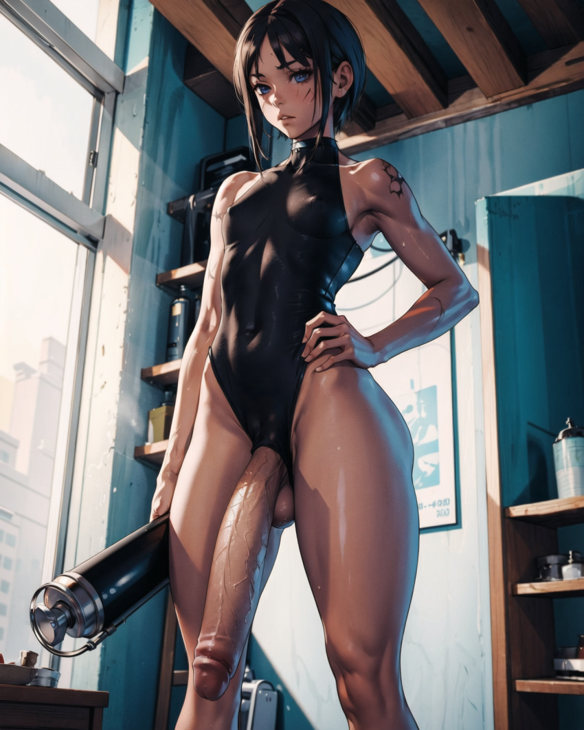 1futa ai_generated big_penis black_hair blue_eyes choker fit_female flaccid_penis futanari giant_penis huge_cock leotard monster_cock scars skinny solo_futa tatoos testicles