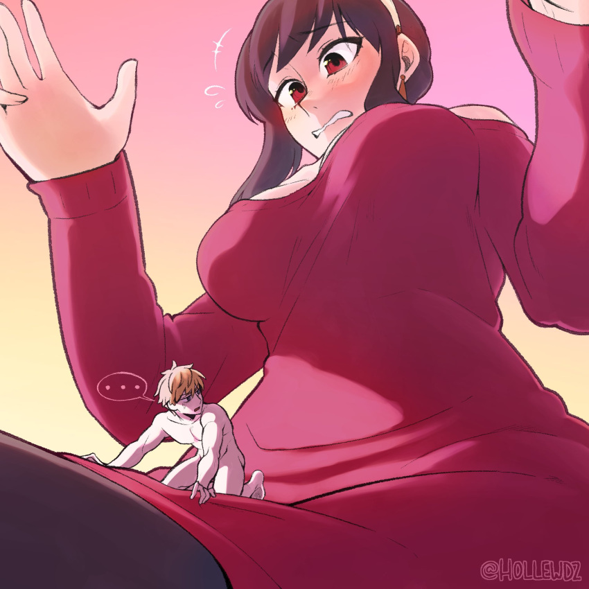 anime_style big_breasts blush breasts brown_eyes earrings from_below giantess hands hollewdz long_hair macro_female macrophilia perspective red_eyes red_outfit red_shirt scared shrunk shrunken sneaky spy spy_x_family surprised teeth_clenched thighs tiny_person twitter worried yor_briar yor_forger