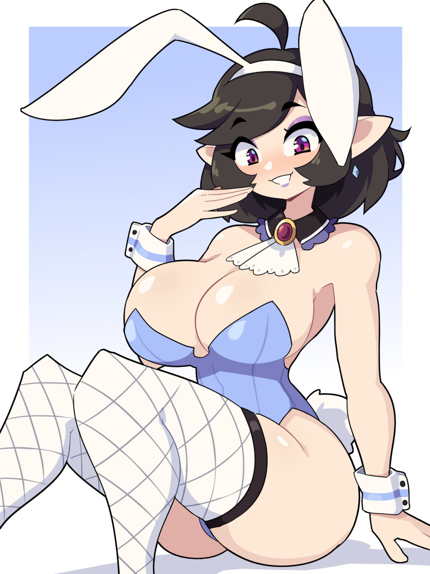 1girls ahoge big_breasts black_hair bunny_ears bunny_ears_(cosmetic) bunnysuit commission detached_collar female female_only fishnet_stockings hi_res j5daigada looking_at_viewer medium_hair pointy_ears red_eyes sitting smile smiling smiling_at_viewer solo stockings wrist_cuffs