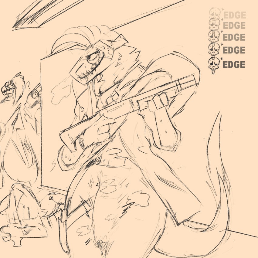 anthro bodily_fluids bulge clothing dinosaur dromaeosaurid edging group gun hi_res looking_pleasured male male_focus musk payday_3 pre_leaking public ranged_weapon reptile scalie sock_(vegashasfrozenover) solo_focus sweat theropod vegashasfrozenover weapon