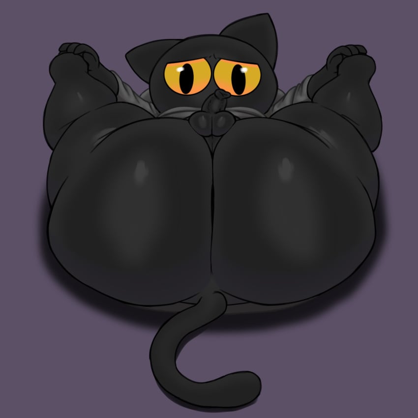 1:1 2023 anthro ass axoarts balls big_butt black_body black_ears black_eyes black_fur black_tail bottomless clothed clothing digital_media_(artwork) domestic_cat feet felid feline felis foot_grab fur genitals google google_doodle grey_clothing grey_robe grey_topwear half-closed_eyes hand_on_foot hi_res legs_up lying lying_on_ground magic_cat_academy male male_only mammal momo_(google) narrowed_eyes on_back partially_clothed penis presenting presenting_hindquarters purple_background rear_view robe simple_background small_balls small_penis solo tail thick_thighs topwear yellow_sclera