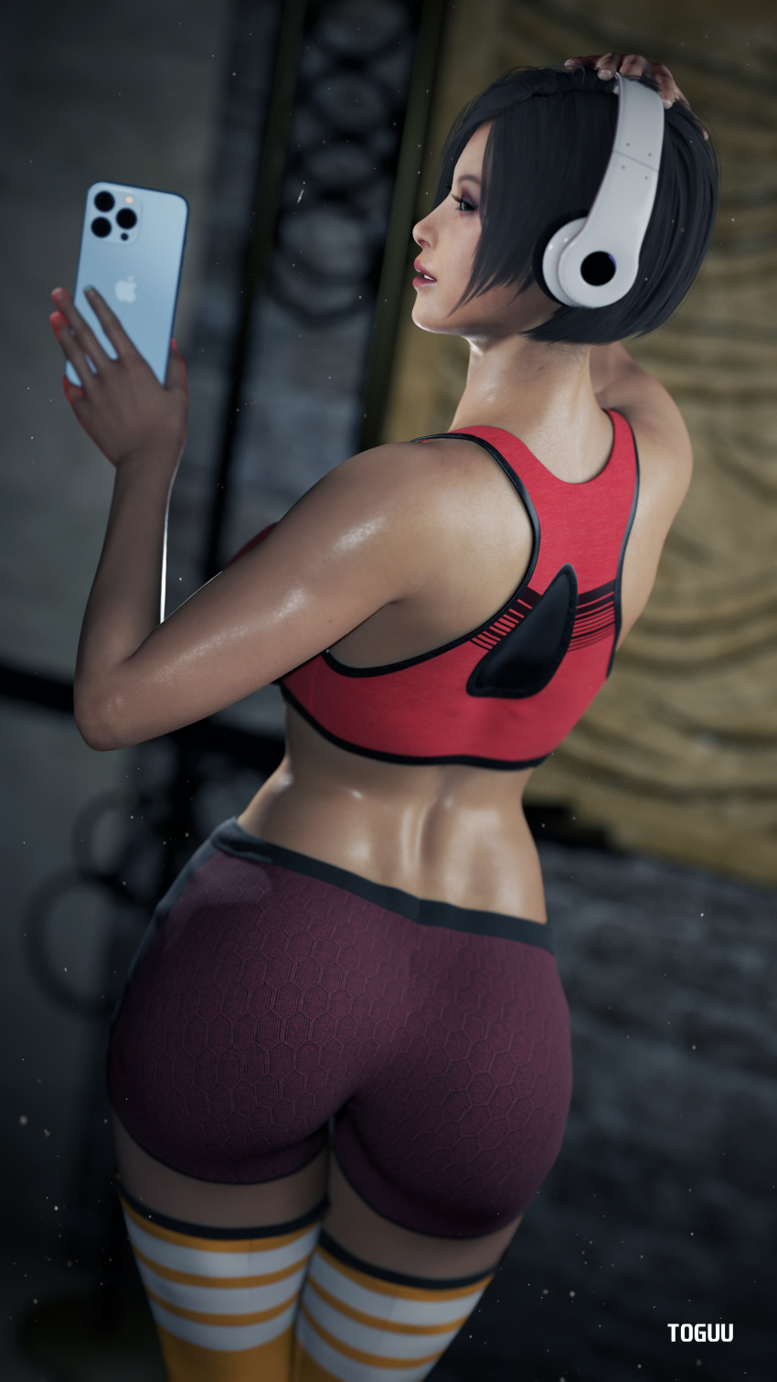 1girls 3d ada_wong asian_female female female_only fully_clothed headphones_on_head leggings posing_for_picture resident_evil resident_evil_4 resident_evil_4_remake selfie solo sports_bra sports_shorts sportswear sweaty_body toguu