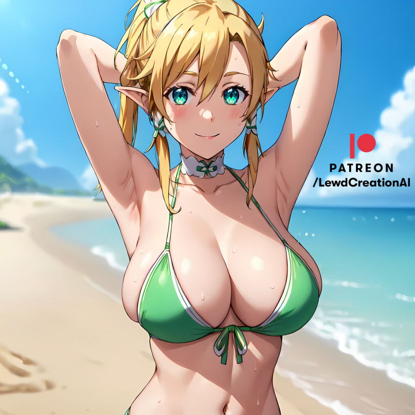 1girls ai_generated armpit armpit_crease armpit_fetish armpit_peek arms_behind_head arms_up beach big_breasts bikini bikini_top blonde_hair blush blush_lines cleavage cleavage_overflow elf elf_ears elf_female elf_girl female female_only fetish from_below huge_breasts leafa lewdcreationsai looking_at_viewer navel petite smile smirk string_bikini sword_art_online toned