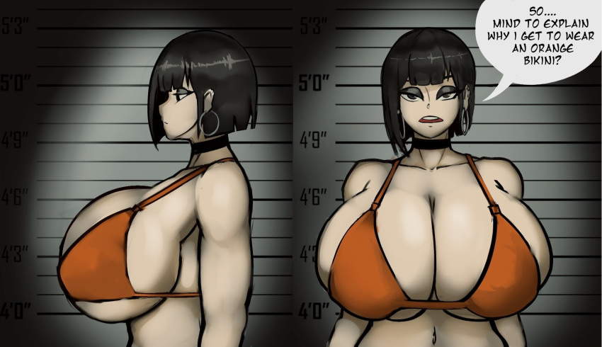 1girls big_breasts bikini bikini_top black_hair borrowed_character bra breasts breasts_bigger_than_head busty choker cleavage earrings female female_only gigantic_breasts goth goth_(booruguru) goth_girl hoop_earrings huge_breasts large_breasts looking_at_viewer massive_breasts mugshot orange_bikini original_character short_hair solo solo_female solo_focus speech_bubble tinboryte