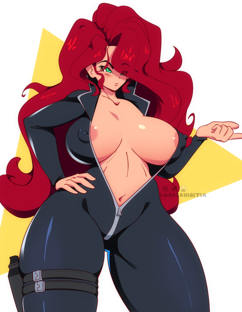 1girls absurd_res bodysuit breasts cleavage curvaceous curvy female female_only green_eyes hair_over_one_eye hi_res large_breasts lunaexhabbitix midriff open_bodysuit open_clothes original original_character red_hair solo thick_thighs thigh_strap thighs wide_hips