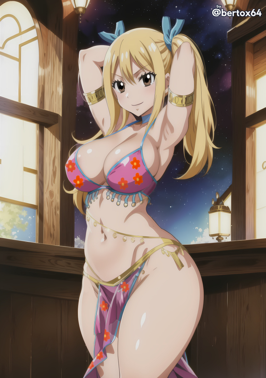 1girls ai_generated armpits arms_behind_head belly_dancer bertox64 big_breasts blonde_hair breasts brown_eyes busty cleavage fairy_tail female female_only large_breasts long_hair looking_at_viewer lucy_heartfilia midriff navel pose posing sensual sexy_armpits smile solo thick thick_thighs twintails