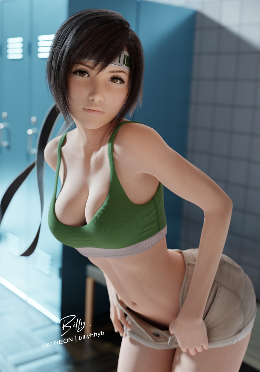 3d ass belly belly_button big_hips billyhhyb black_hair bra breasts female_torso final_fantasy final_fantasy_vii final_fantasy_vii_remake revealing_clothes sfw short_hair shorts sports_bra thick_thighs tight_clothing yuffie_kisaragi