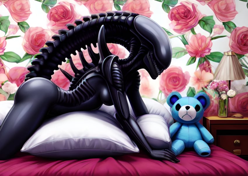 1girls 2020s 2023 ai_generated alien alien_(franchise) alien_girl angry_face ass female female_only female_xenomorph floral_print flowers frosting.ai monster_girl naked naked_female nude_female pillows plushie scalieton self_upload shiny_skin stuffed_animal xenomorph