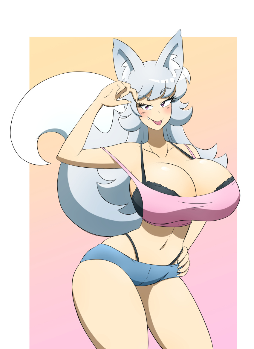 big_ass blush bra_cups_sticking_out breasts cleavage emie_(kobi) fang fox_girl hand_on_hip hi_res hotpants kitsune kobi-tfs large_breasts long_hair navel purple_eyes silver_hair simple_background thick_thighs tongue_out wide_hips