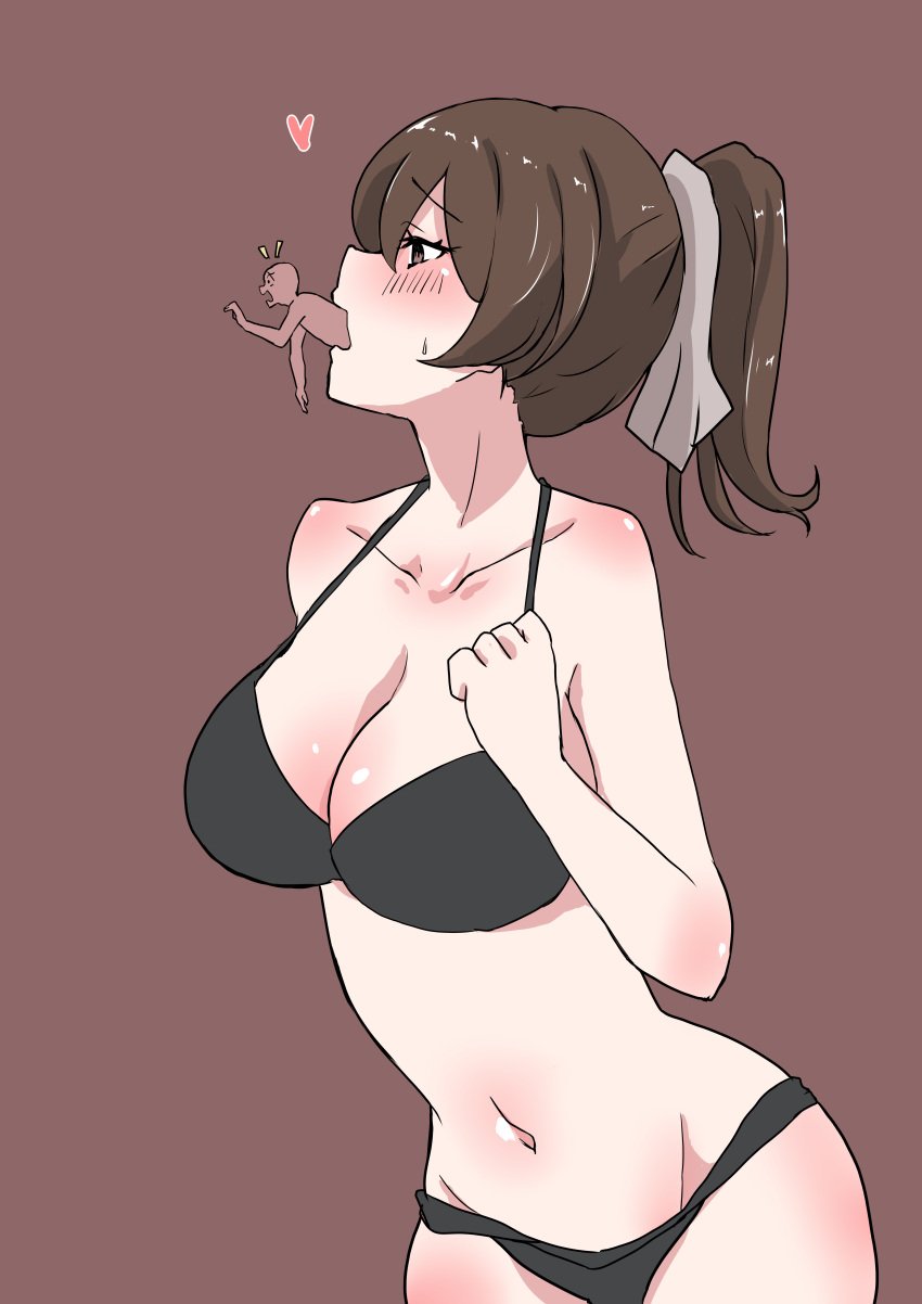 anime_style arms big_breasts big_breasts bikini black_outfit blush blush breasts breasts brown_eyes brown_hair fist giantess hands macrophilia pixiv purple_background red_background shrunk shrunken teasing teaste thighs tied_hair tiny_person vore