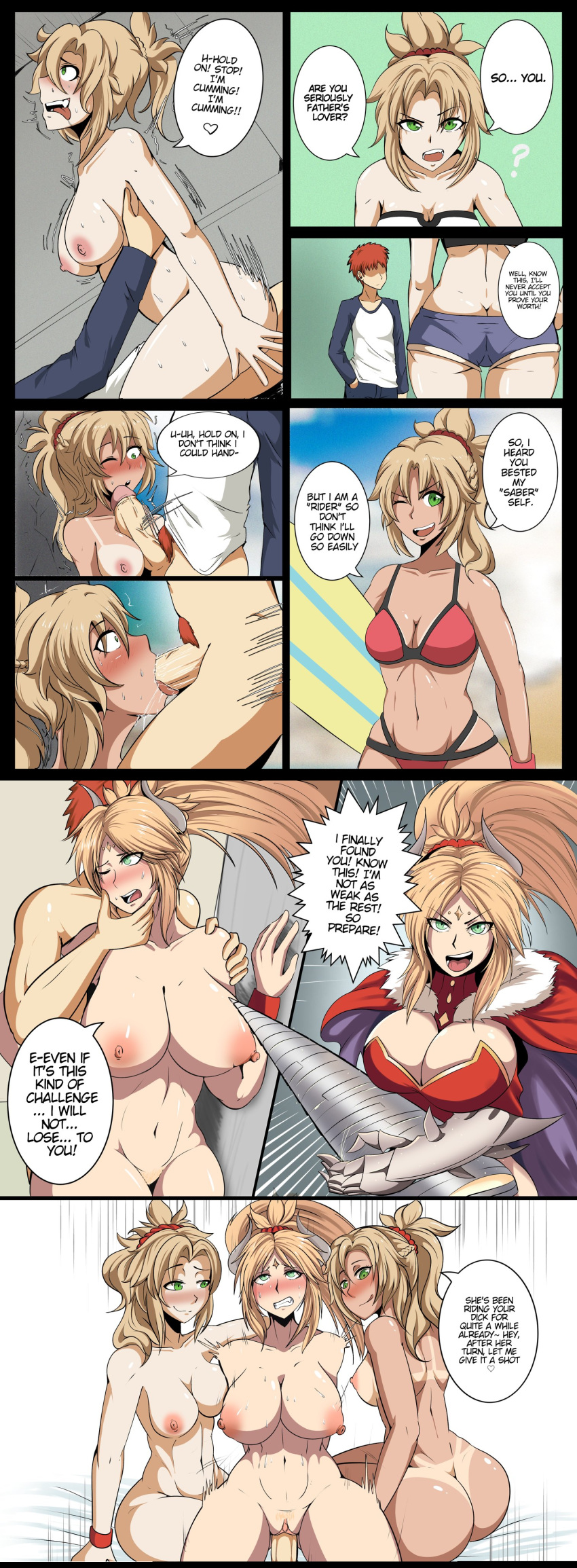 blonde_hair comic defeated emiya_shirou english english_text fate/apocrypha fate/grand_order fate/stay_night fate_(series) green_eyes instant_loss mordred_(fate) mordred_(fate)_(all) mordred_(fate/apocrypha) mordred_(swimsuit_rider) naver oral red_hair tagme tan_body tan_skin tanline vaginal_penetration vaginal_penetration