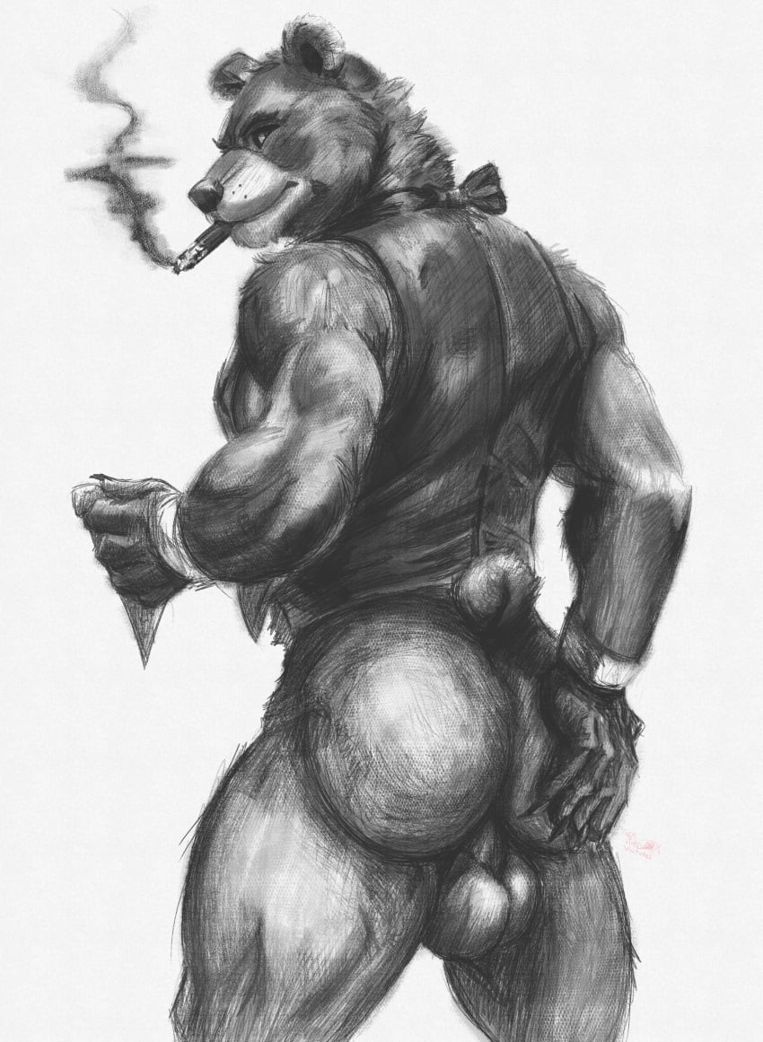 5_fingers absurd_res absurd_resolution absurdres alternate_form anthro anthro_only anus arm_tuft artist_logo artist_signature ass backsack bear belly_tuft biceps big_muscles bottomless bottomless_anthro bottomless_male brachioradialis brown_bear butt_focus cigar cigar_in_mouth claws closed_mouth clothed clothed_anthro clothed_male deltoids detailed_shading ear_tuft eating eyebrows fanart five_nights_at_freddy's food freddy_(fnaf) freddy_fazbear fur_tuft hamstrings hand_on_butt hand_on_own_butt high_res high_resolution highres holding_food holding_pizza humanoid_hands lighting logo looking_at_viewer looking_away looking_back looking_back_at_viewer male male_anthro male_only monochrome muscles muscular muscular_anthro muscular_arms muscular_legs muscular_male neck_tuft neckwear pencil_(artwork) pizza portrait realistic rear_view shaded signature simple_background smoke smoking smoking_cigar solo solo_anthro solo_male standing tail_tuft themstupidvultures three-quarter_portrait tight_vest topwear traditional_drawing_(artwork) traditional_media_(artwork) triceps ursine vest waiter white_background