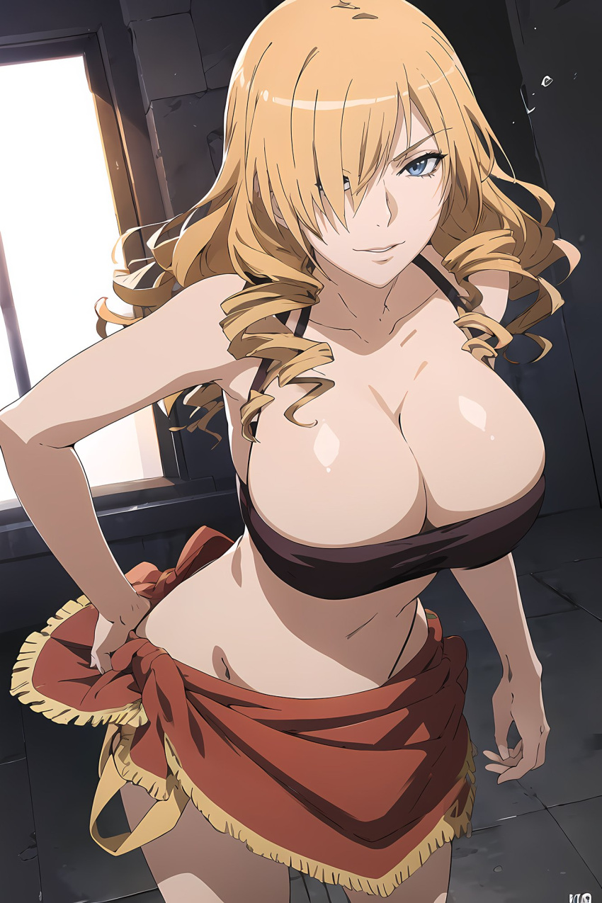 1girls ai_generated big_breasts blonde_hair blue_eyes busty cleavage drill_hair female female_only hair_over_one_eye hand_on_hip hi_res imayoai large_breasts legs long_hair midriff navel oriana_thompson parted_lips pose posing sarong seductive seductive_smile sensual smile solo tank_top thighs to_aru_majutsu_no_index voluptuous