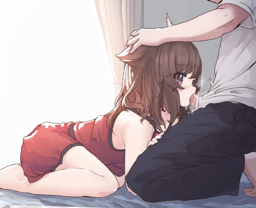 1boy absurdres all_fours animal_ears aoi_tori bed bedroom blush brown_hair clothed_sex collarbone curtains dress fellatio female grey_shirt hand_on_another's_head head_out_of_frame heavy_breathing highres indoors long_hair oerba_yun_fang on_bed oral original pants red_dress red_eyes shirt sidelocks skin_fang straight sweat t-shirt trembling