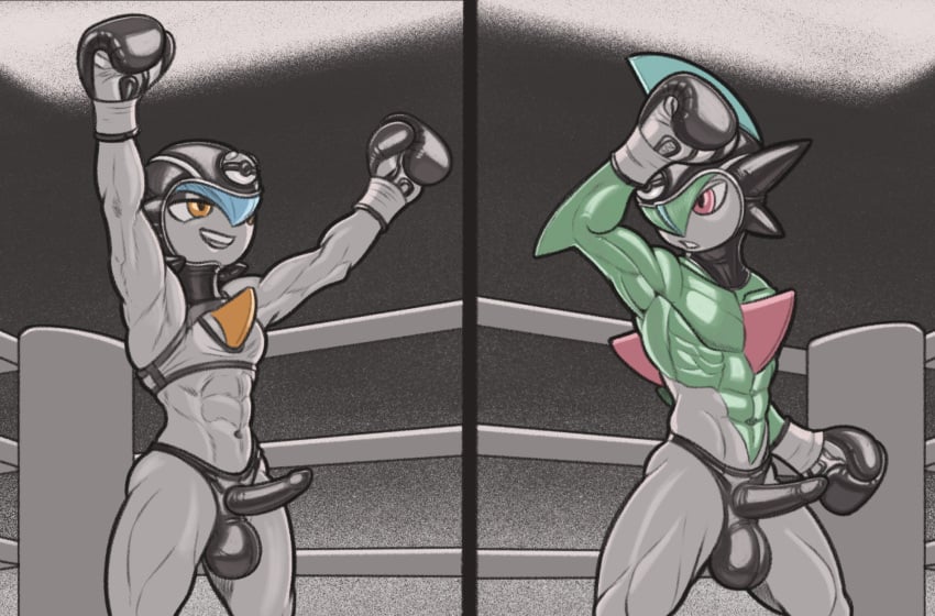 2023 anthro ballboxing balls_outline boxing boxing_gloves clothed clothing cock_sheath dcheese digital_media_(artwork) diptych duo erection erection_under_clothing female fighting_ring futanari gallade gardevoir generation_3_pokemon generation_4_pokemon genital_outline gynomorph handwear hi_res intersex intersex/male leather leather_clothing leather_headgear male male/female muscular muscular_female muscular_male nintendo penis_clothing pokémon_(species) pokemon pokemon_(species) shiny_pokemon sport thong underwear