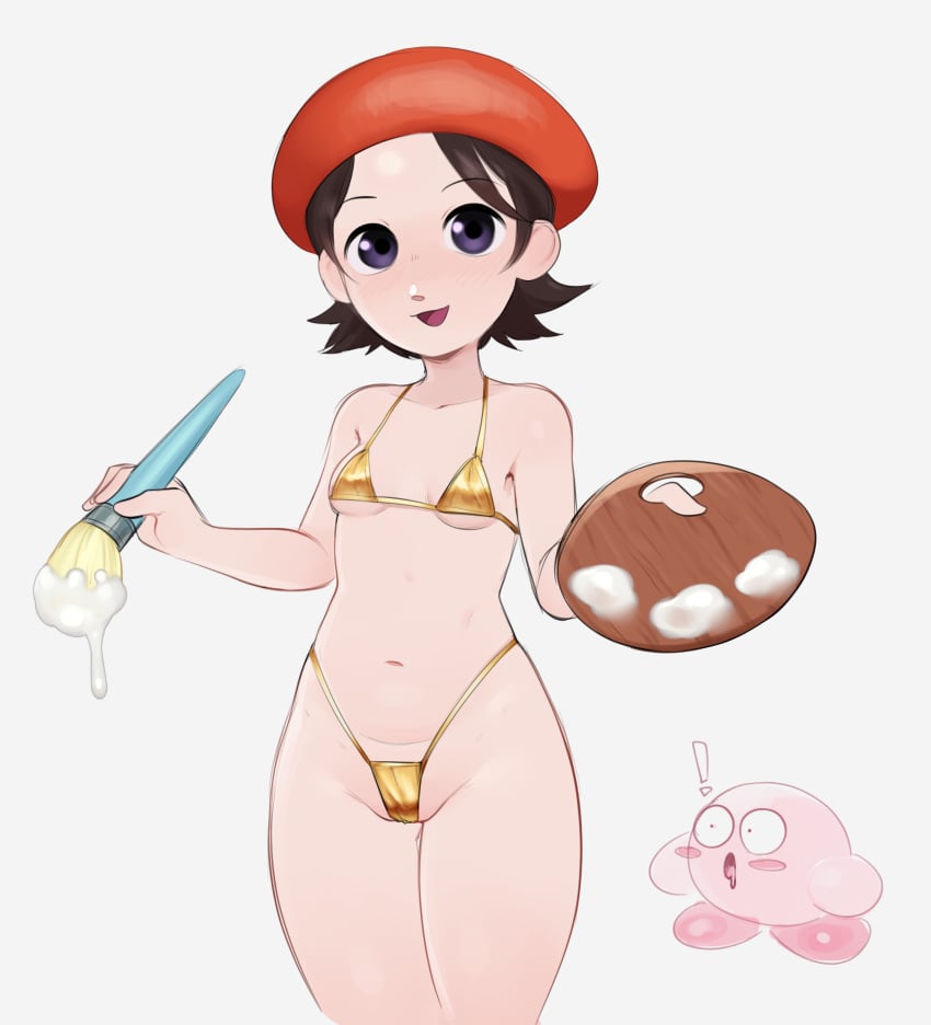 2023 adeleine bare_shoulders beret bikini black_hair blush breasts dai_yuurei female female_focus gold_bikini hat holding_object kirby kirby_(series) looking_at_viewer nintendo paint paintbrush small_breasts smile suggestive_fluid