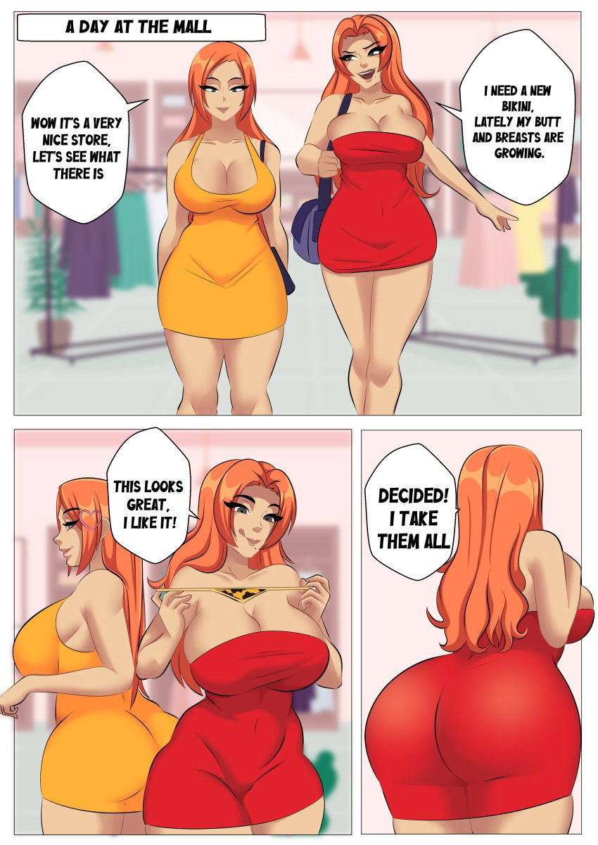 2girls absurd_res ass bleach breasts cleavage deckman dialogue dress english_text female female_only greedy hi_res inoue_orihime large_ass large_breasts licking_lips matsumoto_rangiku mrdeck shopping text thighs wide_hips