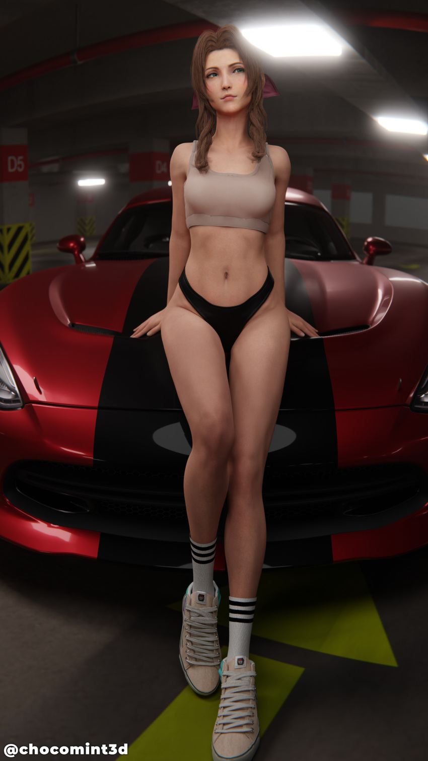 1girls 3d 3d_(artwork) absurd_res aerith_gainsborough alternate_costume athletic athletic_female brown_hair car chocomint3d dodge dodge_(brand) dodge_viper female female_focus female_only final_fantasy final_fantasy_vii final_fantasy_vii_remake fully_clothed green_eyes hair_ribbon highres hourglass_figure light-skinned_female light_skin looking_away pose slim_waist solo sports_bra