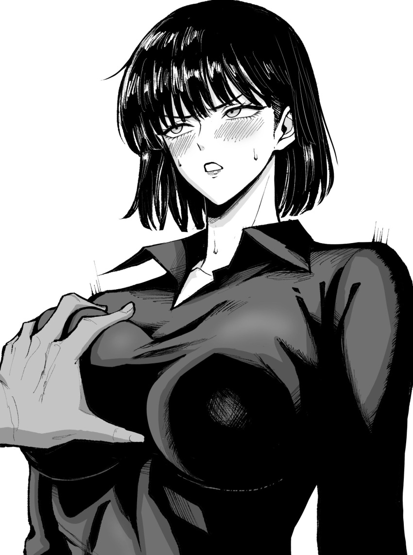 1boy 1boy1girl 1girls anime anime_style big_breasts black_dress black_hair blush blush_lines blushing blushing_at_partner breast_grab breasts character_off_screen clothed_female clothes clothing dark_hair dress embarrassed embarrassed_female female female_focus female_only fubuki_(one-punch_man) horny horny_female horny_male male no_bra offscreen_character one-punch_man only_female short_hair touching touching_breast white_skin white_skinned_female yones