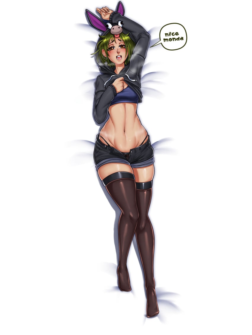 1girl 1girls animal_hood arm_up arms_above_breasts bed belly belly_button blush brown_eyes burrita colombian cross_earrings dakimakura donkey donkey_hood ear_piercing earrings female female_focus female_only female_solo flat_chest freckles g-string green_hair hispanic hispanic_virtual_youtuber hood hooded_jacket hoodie hoodie_removed indie_virtual_youtuber latam_virtual_youtuber light-skinned_female light_skin long_socks looking_at_viewer lying lying_down lying_on_back lying_on_bed monochrome open_mouth ryumi ryumivt saliva saliva_on_mouth saliva_trail salivating short_hair shorts small_breasts spanish_text sports_bra steam stockings thick_thighs thighs thong twitch twitch.tv undressing vedtomd virtual_youtuber vtuber yellow_eyes youtube youtube_hispanic