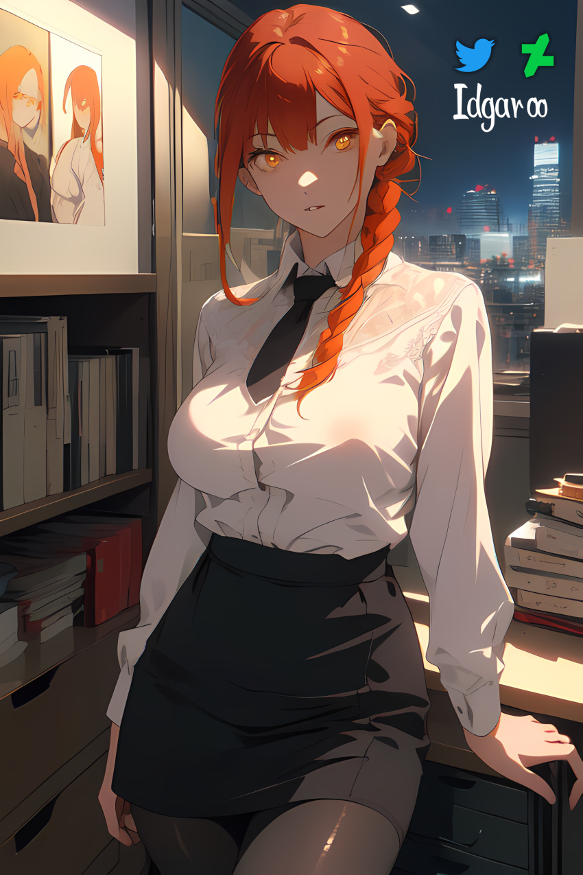 absurd_res ai_generated braid braided_hair chainsaw_man hi_res highres idgaroo makima_(chainsaw_man) night office office_lady pantyhose red_hair skirt stable_diffusion white_shirt