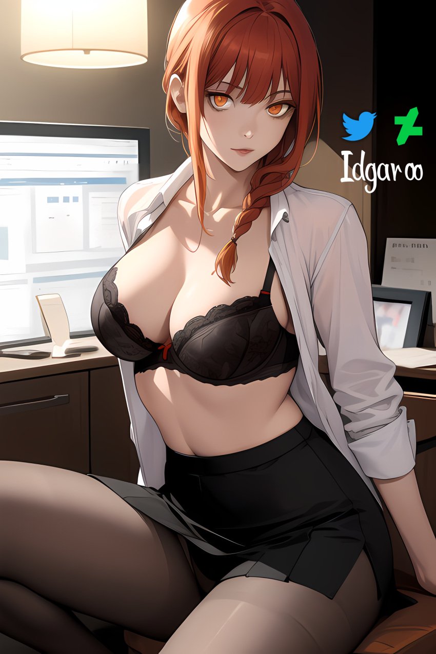 absurd_res ai_generated black_bra bra braid braided_hair breasts chainsaw_man hi_res highres idgaroo makima_(chainsaw_man) night office office_lady open_shirt pantyhose red_hair skirt stable_diffusion white_shirt