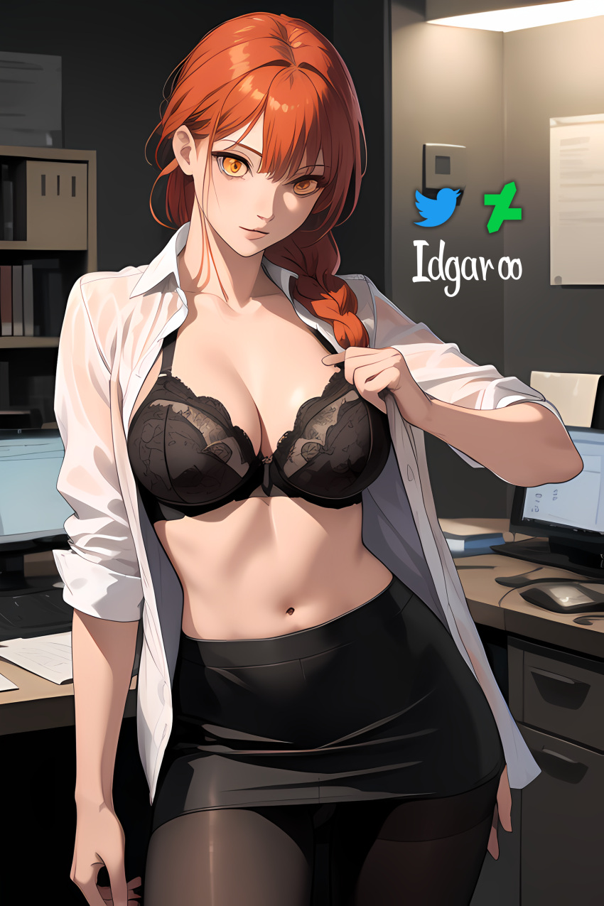 absurd_res ai_generated black_bra bra braid braided_hair breasts chainsaw_man hi_res highres idgaroo makima_(chainsaw_man) night office office_lady open_shirt pantyhose red_hair skirt stable_diffusion white_shirt