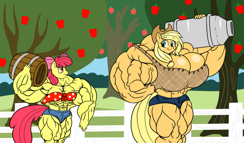 abs apple_bloom_(mlp) applejack_(mlp) biceps big_breasts big_muscles breasts female huge_breasts huge_muscles large_breasts large_muscles muscles muscular muscular_female my_little_pony pecs pony wobbleblot