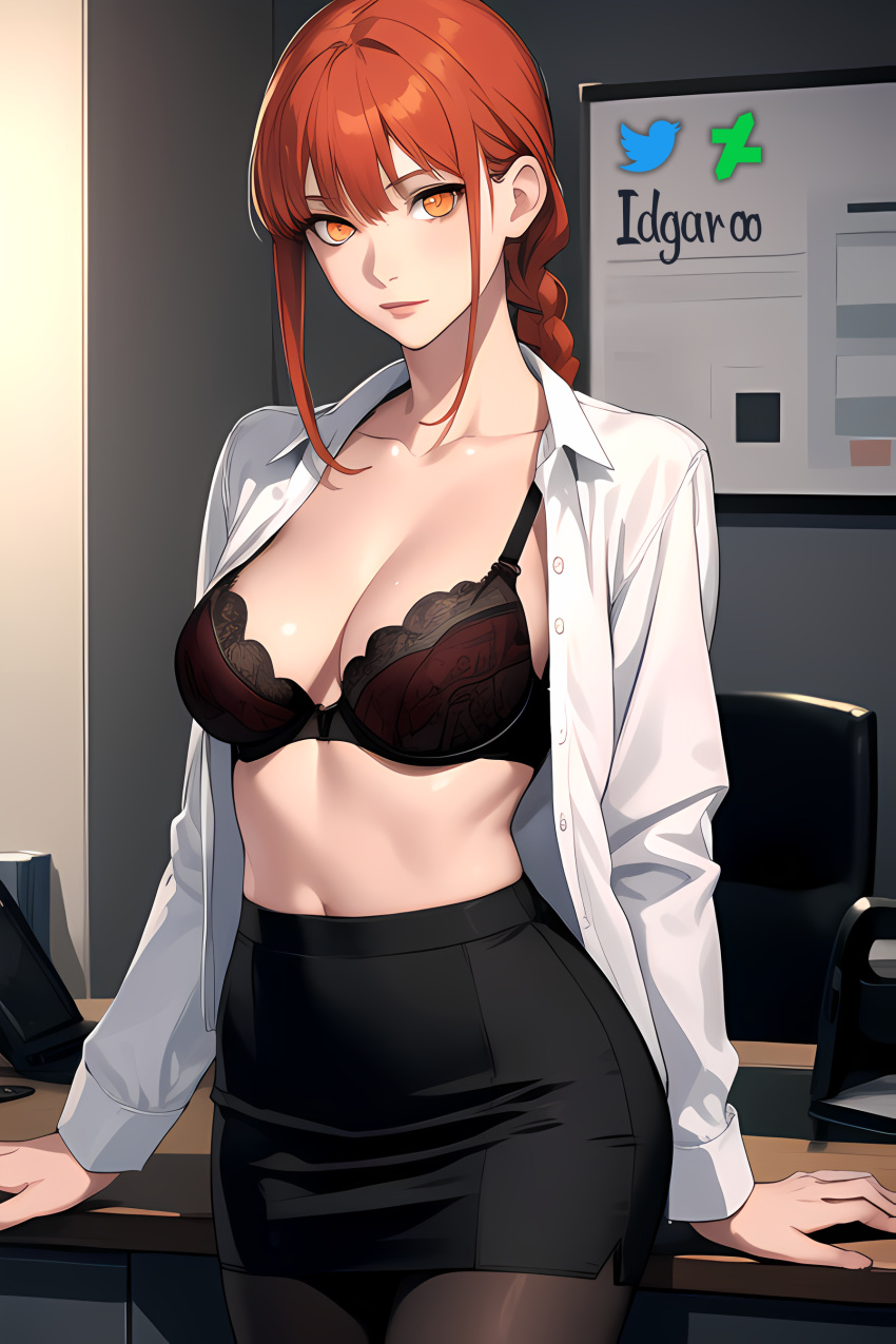 absurd_res ai_generated black_bra bra braid braided_hair breasts chainsaw_man hi_res highres idgaroo makima_(chainsaw_man) night office office_lady open_shirt pantyhose red_hair skirt stable_diffusion white_shirt