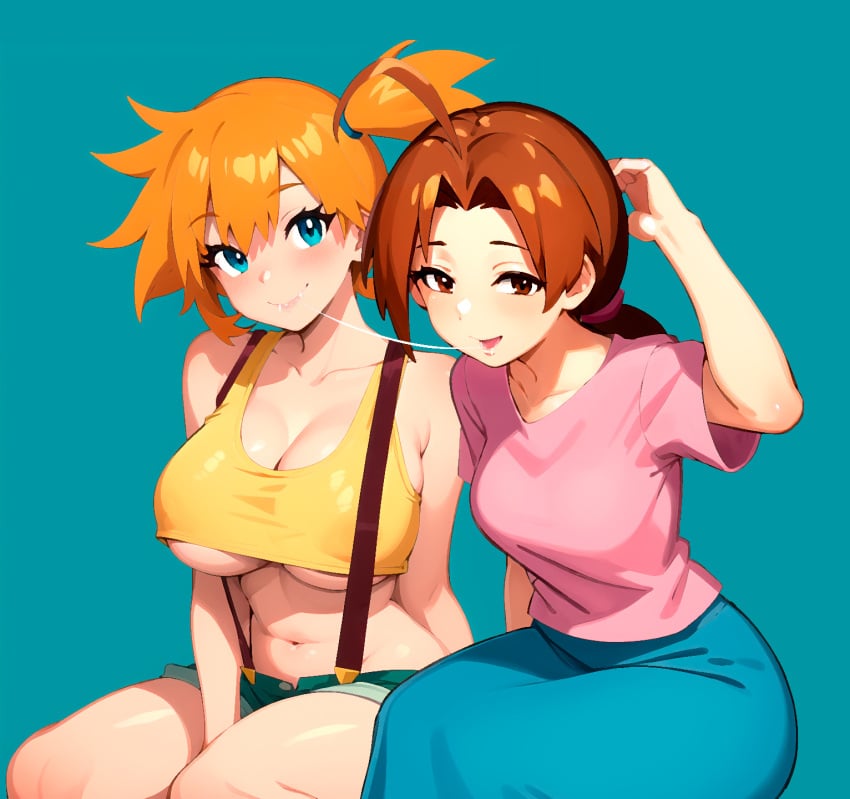 2girls abs after_kiss ai_generated alternate_breast_size asymmetrical_hair blue_eyes blush breasts brown_eyes brown_hair clothing cowboy_shot crop_top delia_ketchum_(pokemon) denim denim_shorts duo female female_only game_freak gen_1_pokemon high_resolution hips huge_breasts kasumi_(pokemon) large_breasts legs long_hair losforry_custom midriff muscle navel nintendo nipples orange_hair pokemon pokemon_(anime) pokemon_(classic_anime) pokemon_rgby ponytail saliva_trail shirt short_hair short_shorts shorts side_ponytail sleeveless sleeveless_shirt spiky_hair suspenders tank_top thighs tied_hair underboob very_high_resolution wide_hips yellow_shirt yuri