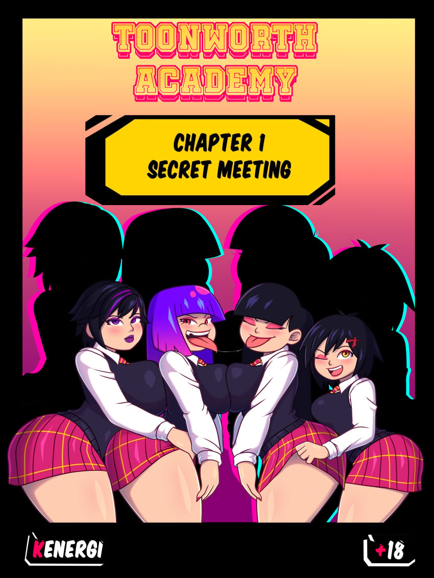 4girls asian asian_female ass big_ass big_breasts big_hero_6 black_hair breasts codename:_kids_next_door glitch_techs gogo_tomago kenergi kuki_sanban marvel miko_kubota multiple_girls numbuh_3 peni_parker purple_hair school_uniform schoolgirl shiny_skin spider-man:_across_the_spider-verse spider-man:_into_the_spider-verse spider-man_(series) two_tone_hair yuri