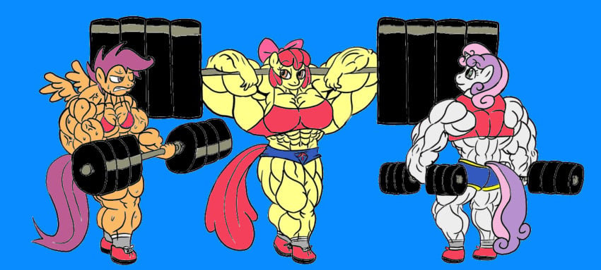 abs apple_bloom_(mlp) back back_muscles biceps big_breasts big_muscles breasts female huge_muscles large_breasts large_muscles muscles muscular muscular_female my_little_pony pecs pony scootaloo_(mlp) sweetie_belle_(mlp) weights wobbleblot