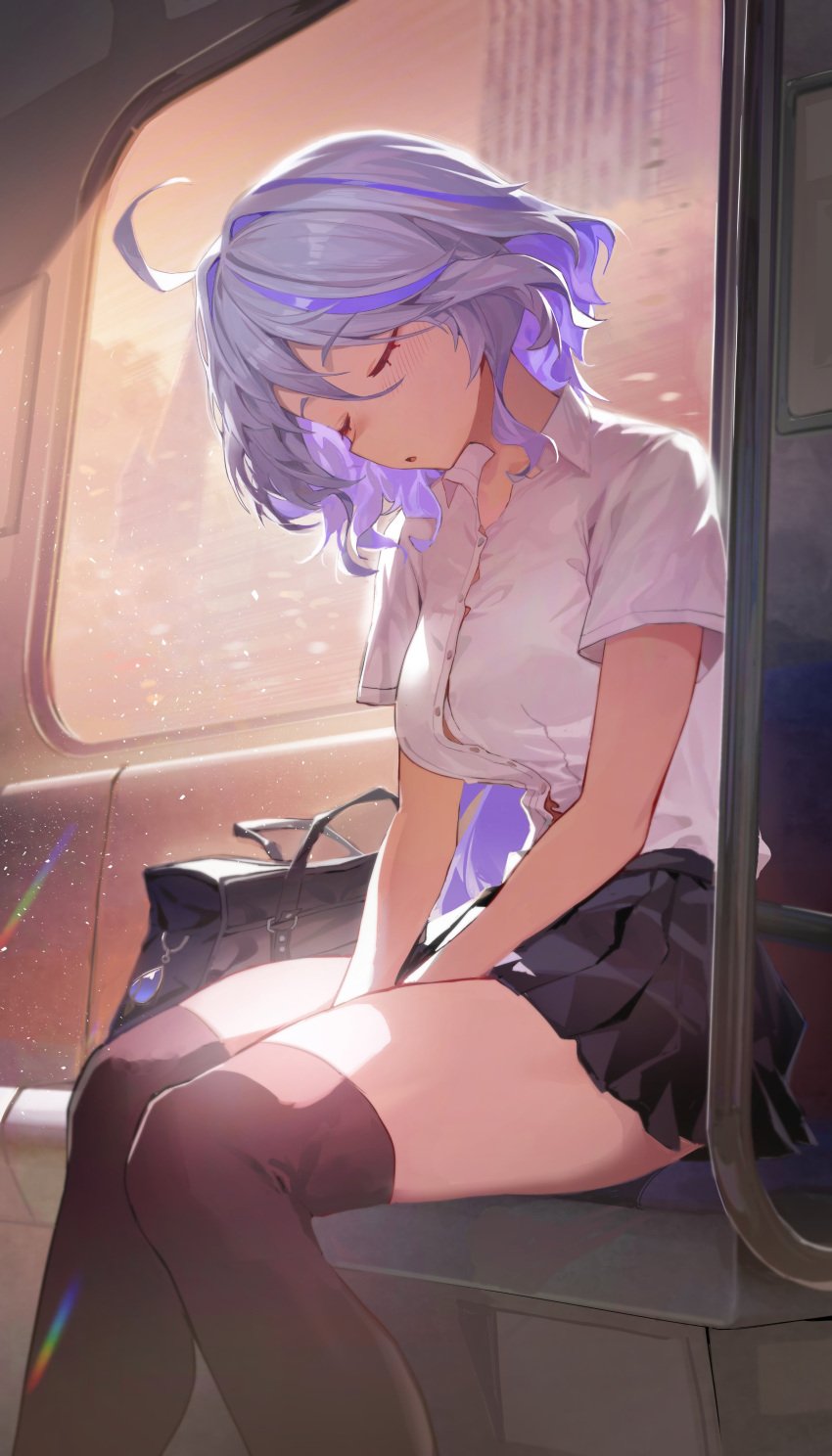 1girls blue_hair blush breasts closed_eyes female female_only furina_(genshin_impact) genshin_impact kawa683 school_uniform schoolgirl sitting skirt sleeping solo thick_thighs thighhighs thighs train train_interior wholesome zettai_ryouiki