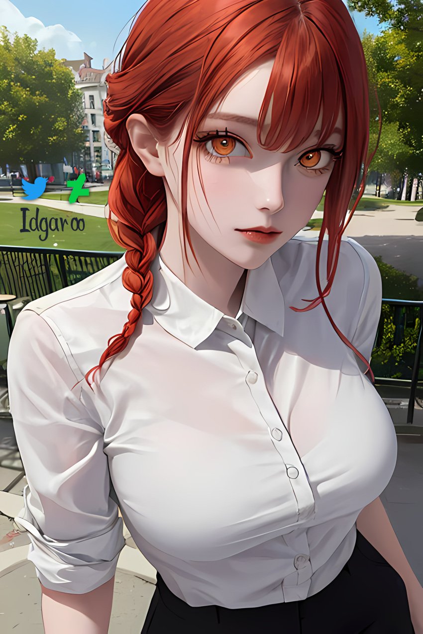 absurd_res ai_generated black_trousers braid braided_hair chainsaw_man hi_res highres idgaroo makima_(chainsaw_man) medium_breasts office_lady park red_hair stable_diffusion white_shirt